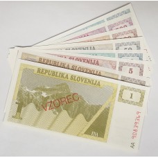 SLOVENIA 1990 . ONE 1 - ONE THOUSAND 1,000  TOLARJEV BANKNOTES . SPECIMEN . SET OF 8